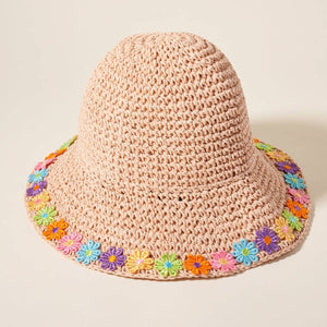 Floral Crochet Edge Straw Bucket Hat: Beige