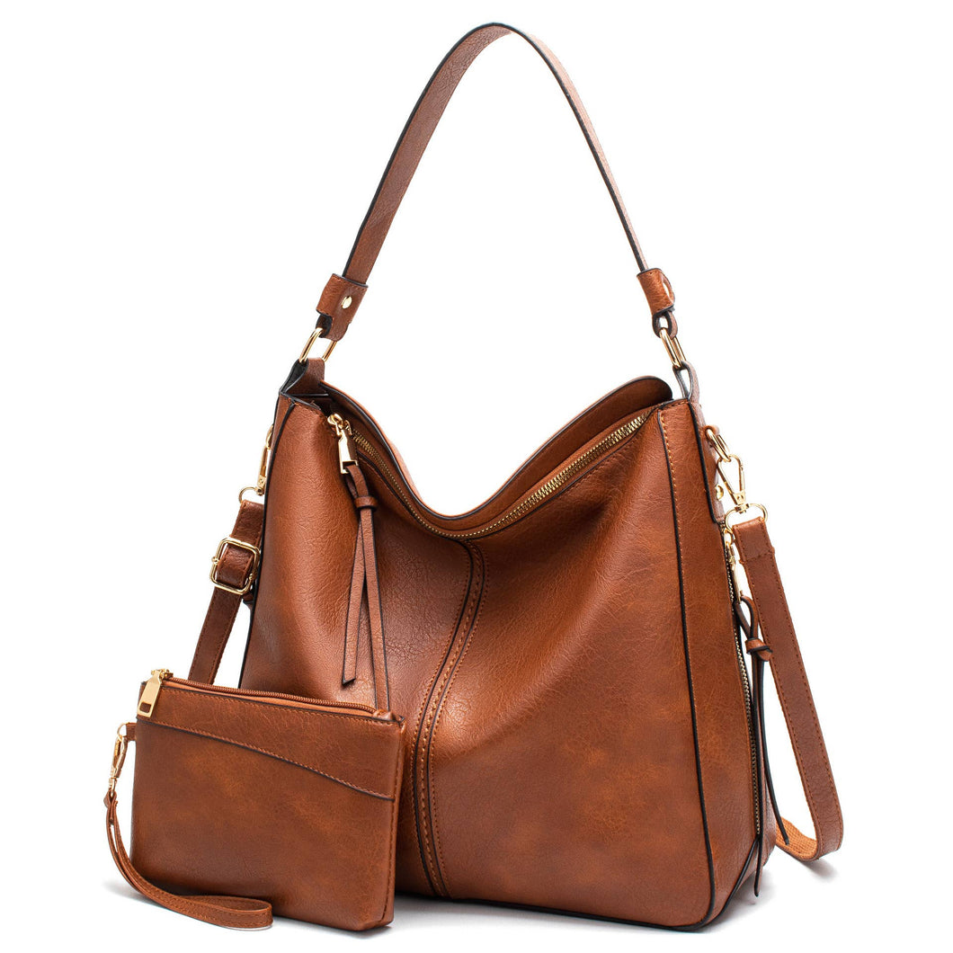 Women's shoulder bag large capacity Soft leather handbag: Brown / With coin purse