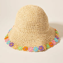 Load image into Gallery viewer, Floral Crochet Edge Straw Bucket Hat: Beige
