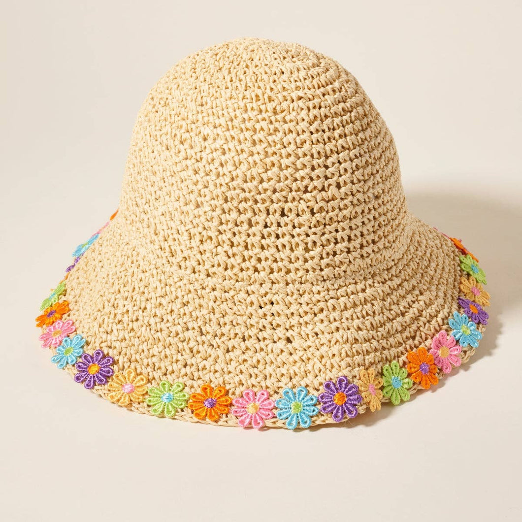 Floral Crochet Edge Straw Bucket Hat: Beige