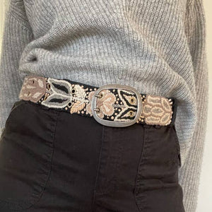 Monochromatic Embroidered Wool Belt, Black: S
