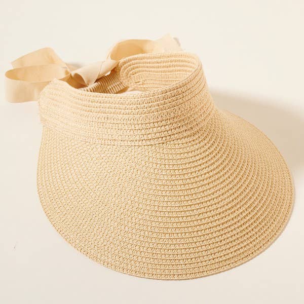 Black bow tied Sun Visor for Wide Brim Straw  Hat: Beige