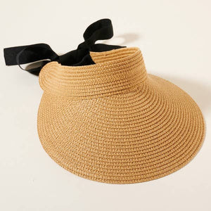 Black bow tied Sun Visor for Wide Brim Straw  Hat: Beige