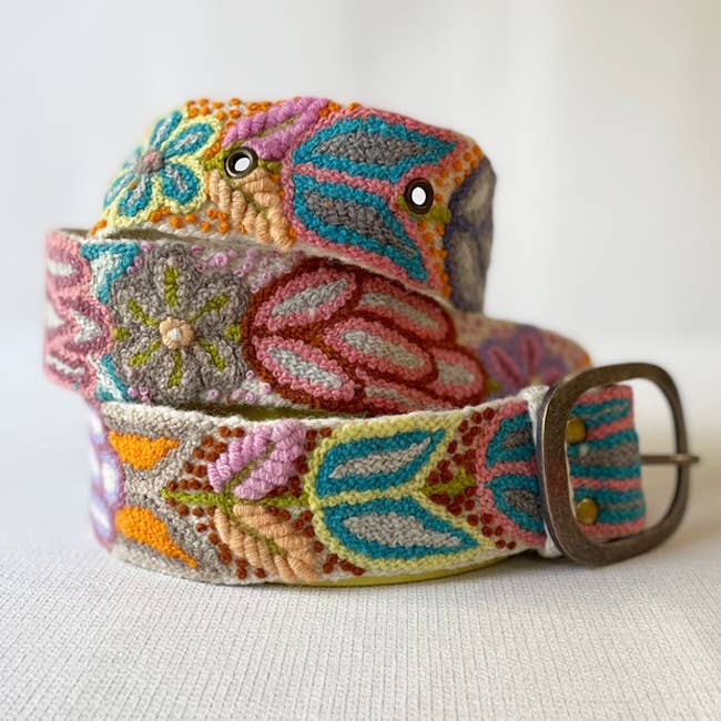 Folklorica Floral Embroidered Wool Belt, Cream: S