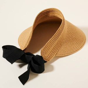 Black bow tied Sun Visor for Wide Brim Straw  Hat: Beige