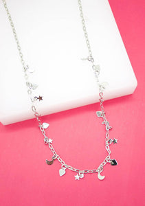18K Rhodium Filled Round Paper Clip Chain Choker With Star, Moon, Heart Charms (G66)